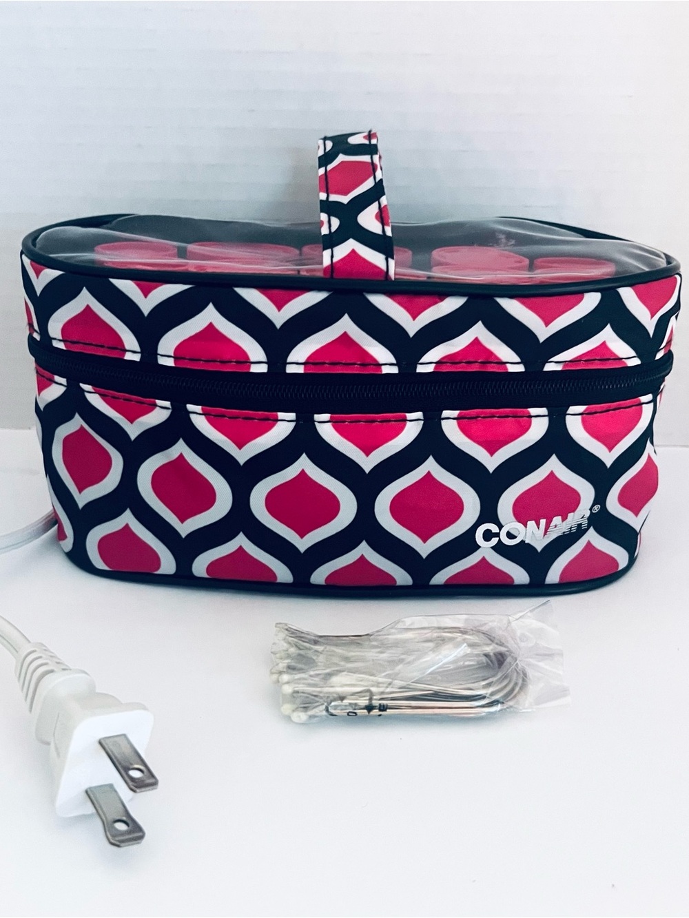 Conair Pink & Navy Patterned Heated Travel Rollerset Case & Clips